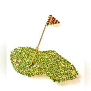 Vintage Rhinestone Golf Ball Putting Red Flag Large Green Gold-tone Pin Brooch